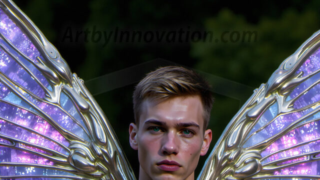Brought to life through AI, Capturing the Pristine and Elusive Male Fairy. Imagine a realm where handsome shirtless men & boys possess enormous, shimmering crystal wings, vibrant and radiant, capturing and reflecting the light of the environment in a mesmerizing way, and adding a touch of mystery to their intense visage. Outdoors in a fantasy mysterious enchanted realm.