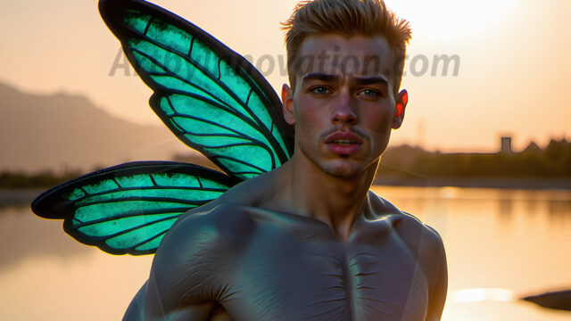 Brought to life through AI, Capturing the Pristine and Elusive Male Fairy. Imagine a realm where handsome shirtless men & boys possess enormous, shimmering crystal wings, vibrant and radiant, capturing and reflecting the light of the environment in a mesmerizing way, and adding a touch of mystery to their intense visage. Outdoors in a fantasy mysterious enchanted realm.