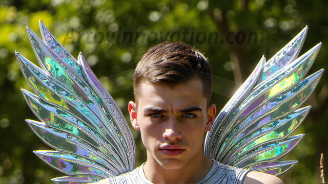 Brought to life through AI, Capturing the Pristine and Elusive Male Fairy. Imagine a realm where handsome shirtless men & boys possess enormous, shimmering crystal wings, vibrant and radiant, capturing and reflecting the light of the environment in a mesmerizing way, and adding a touch of mystery to their intense visage. Outdoors in a fantasy mysterious enchanted realm.