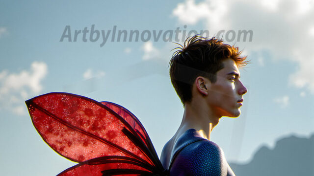 Brought to life through AI, Capturing the Pristine and Elusive Male Fairy. Imagine a realm where handsome shirtless men & boys possess enormous, shimmering crystal wings, vibrant and radiant, capturing and reflecting the light of the environment in a mesmerizing way, and adding a touch of mystery to their intense visage. Outdoors in a fantasy mysterious enchanted realm.