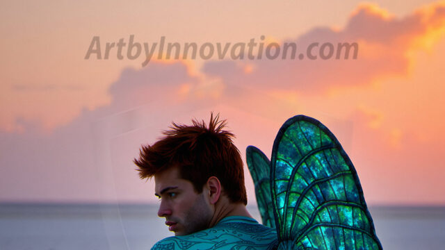 Brought to life through AI, Capturing the Pristine and Elusive Male Fairy. Imagine a realm where handsome shirtless men & boys possess enormous, shimmering crystal wings, vibrant and radiant, capturing and reflecting the light of the environment in a mesmerizing way, and adding a touch of mystery to their intense visage. Outdoors in a fantasy mysterious enchanted realm.