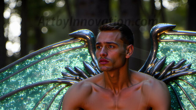 Brought to life through AI, Capturing the Pristine and Elusive Male Fairy. Imagine a realm where handsome shirtless men & boys possess enormous, shimmering crystal wings, vibrant and radiant, capturing and reflecting the light of the environment in a mesmerizing way, and adding a touch of mystery to their intense visage. Outdoors in a fantasy mysterious enchanted realm.