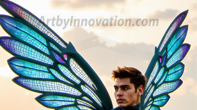 Brought to life through AI, Capturing the Pristine and Elusive Male Fairy. Imagine a realm where handsome shirtless men & boys possess enormous, shimmering crystal wings, vibrant and radiant, capturing and reflecting the light of the environment in a mesmerizing way, and adding a touch of mystery to their intense visage. Outdoors in a fantasy mysterious enchanted realm.