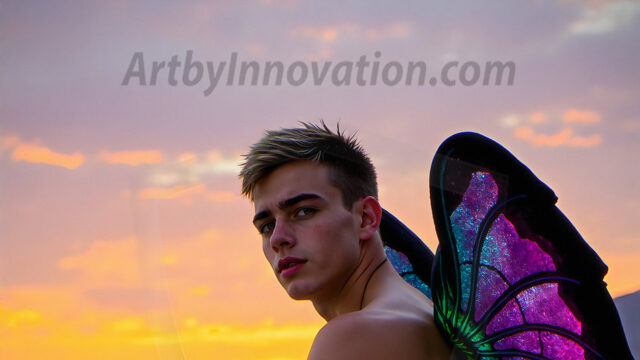 Brought to life through AI, Capturing the Pristine and Elusive Male Fairy. Imagine a realm where handsome shirtless men & boys possess enormous, shimmering crystal wings, vibrant and radiant, capturing and reflecting the light of the environment in a mesmerizing way, and adding a touch of mystery to their intense visage. Outdoors in a fantasy mysterious enchanted realm.