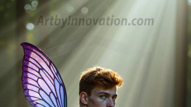 Brought to life through AI, Capturing the Pristine and Elusive Male Fairy. Imagine a realm where handsome shirtless men & boys possess enormous, shimmering crystal wings, vibrant and radiant, capturing and reflecting the light of the environment in a mesmerizing way, and adding a touch of mystery to their intense visage. Outdoors in a fantasy mysterious enchanted realm.