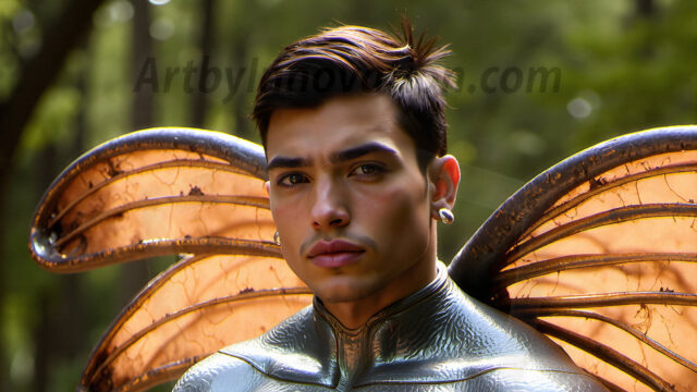 Brought to life through AI, Capturing the Pristine and Elusive Male Fairy. Imagine a realm where handsome shirtless men & boys possess enormous, shimmering crystal wings, vibrant and radiant, capturing and reflecting the light of the environment in a mesmerizing way, and adding a touch of mystery to their intense visage. Outdoors in a fantasy mysterious enchanted realm.
