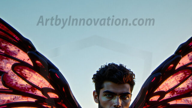 Brought to life through AI, Capturing the Pristine and Elusive Male Fairy. Imagine a realm where handsome shirtless men & boys possess enormous, shimmering crystal wings, vibrant and radiant, capturing and reflecting the light of the environment in a mesmerizing way, and adding a touch of mystery to their intense visage. Outdoors in a fantasy mysterious enchanted realm.