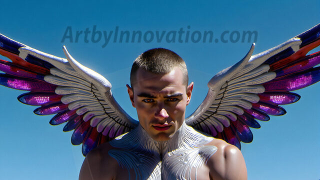 Brought to life through AI, Capturing the Pristine and Elusive Male Fairy. Imagine a realm where handsome shirtless men & boys possess enormous, shimmering crystal wings, vibrant and radiant, capturing and reflecting the light of the environment in a mesmerizing way, and adding a touch of mystery to their intense visage. Outdoors in a fantasy mysterious enchanted realm.