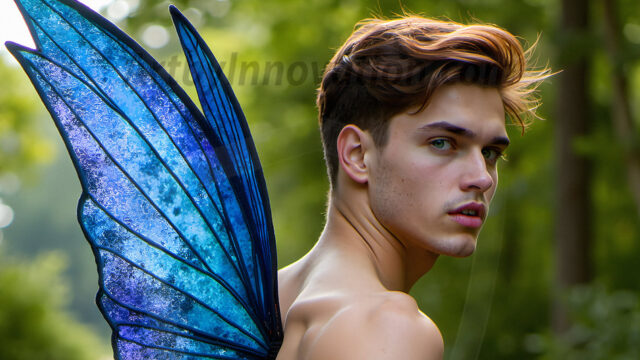 Brought to life through AI, Capturing the Pristine and Elusive Male Fairy. Imagine a realm where handsome shirtless men & boys possess enormous, shimmering crystal wings, vibrant and radiant, capturing and reflecting the light of the environment in a mesmerizing way, and adding a touch of mystery to their intense visage. Outdoors in a fantasy mysterious enchanted realm.