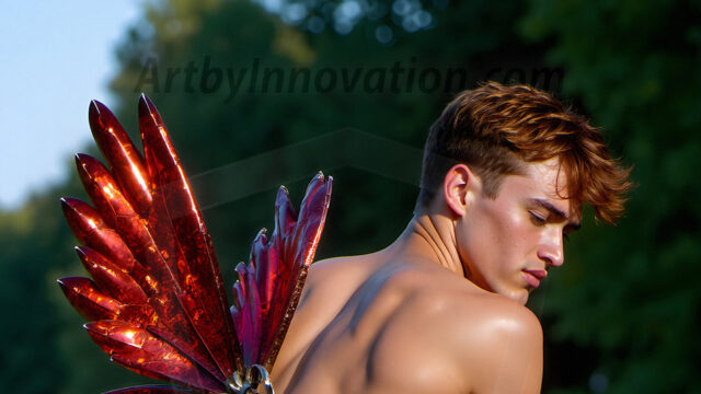 Brought to life through AI, Capturing the Pristine and Elusive Male Fairy. Imagine a realm where handsome shirtless men & boys possess enormous, shimmering crystal wings, vibrant and radiant, capturing and reflecting the light of the environment in a mesmerizing way, and adding a touch of mystery to their intense visage. Outdoors in a fantasy mysterious enchanted realm.
