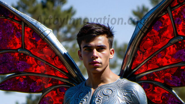 Brought to life through AI, Capturing the Pristine and Elusive Male Fairy. Imagine a realm where handsome shirtless men & boys possess enormous, shimmering crystal wings, vibrant and radiant, capturing and reflecting the light of the environment in a mesmerizing way, and adding a touch of mystery to their intense visage. Outdoors in a fantasy mysterious enchanted realm.