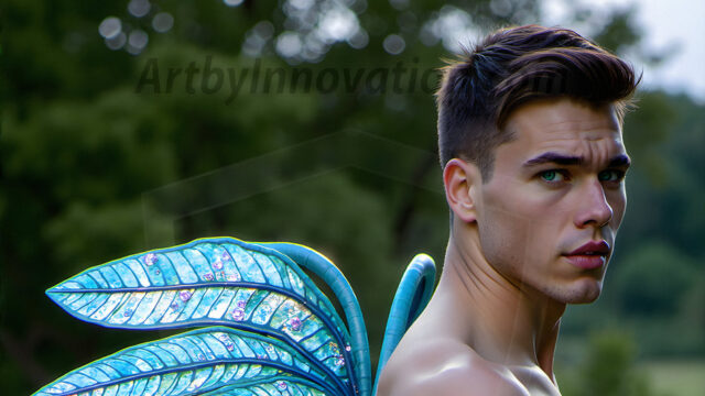 Brought to life through AI, Capturing the Pristine and Elusive Male Fairy. Imagine a realm where handsome shirtless men & boys possess enormous, shimmering crystal wings, vibrant and radiant, capturing and reflecting the light of the environment in a mesmerizing way, and adding a touch of mystery to their intense visage. Outdoors in a fantasy mysterious enchanted realm.