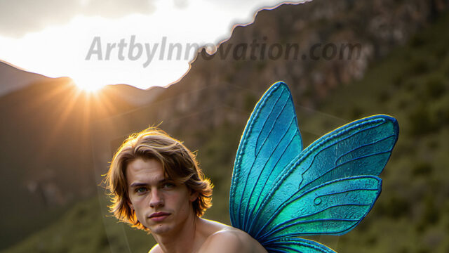 Brought to life through AI, Capturing the Pristine and Elusive Male Fairy. Imagine a realm where handsome shirtless men & boys possess enormous, shimmering crystal wings, vibrant and radiant, capturing and reflecting the light of the environment in a mesmerizing way, and adding a touch of mystery to their intense visage. Outdoors in a fantasy mysterious enchanted realm.
