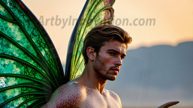Brought to life through AI, Capturing the Pristine and Elusive Male Fairy. Imagine a realm where handsome shirtless men & boys possess enormous, shimmering crystal wings, vibrant and radiant, capturing and reflecting the light of the environment in a mesmerizing way, and adding a touch of mystery to their intense visage. Outdoors in a fantasy mysterious enchanted realm.