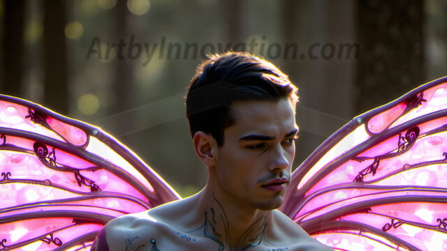 Brought to life through AI, Capturing the Pristine and Elusive Male Fairy. Imagine a realm where handsome shirtless men & boys possess enormous, shimmering crystal wings, vibrant and radiant, capturing and reflecting the light of the environment in a mesmerizing way, and adding a touch of mystery to their intense visage. Outdoors in a fantasy mysterious enchanted realm.