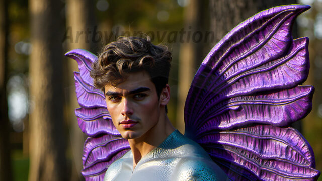 Brought to life through AI, Capturing the Pristine and Elusive Male Fairy. Imagine a realm where handsome shirtless men & boys possess enormous, shimmering crystal wings, vibrant and radiant, capturing and reflecting the light of the environment in a mesmerizing way, and adding a touch of mystery to their intense visage. Outdoors in a fantasy mysterious enchanted realm.