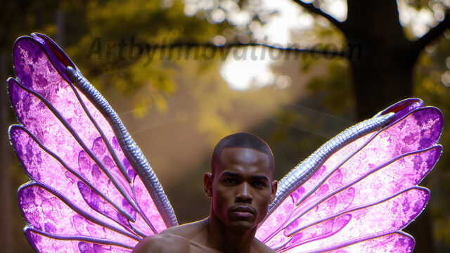 Brought to life through AI, Capturing the Pristine and Elusive Male Fairy. Imagine a realm where handsome shirtless men & boys possess enormous, shimmering crystal wings, vibrant and radiant, capturing and reflecting the light of the environment in a mesmerizing way, and adding a touch of mystery to their intense visage. Outdoors in a fantasy mysterious enchanted realm.
