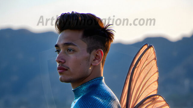 Brought to life through AI, Capturing the Pristine and Elusive Male Fairy. Imagine a realm where handsome shirtless men & boys possess enormous, shimmering crystal wings, vibrant and radiant, capturing and reflecting the light of the environment in a mesmerizing way, and adding a touch of mystery to their intense visage. Outdoors in a fantasy mysterious enchanted realm.