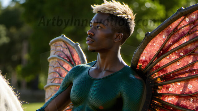 Brought to life through AI, Capturing the Pristine and Elusive Male Fairy. Imagine a realm where handsome shirtless men & boys possess enormous, shimmering crystal wings, vibrant and radiant, capturing and reflecting the light of the environment in a mesmerizing way, and adding a touch of mystery to their intense visage. Outdoors in a fantasy mysterious enchanted realm.