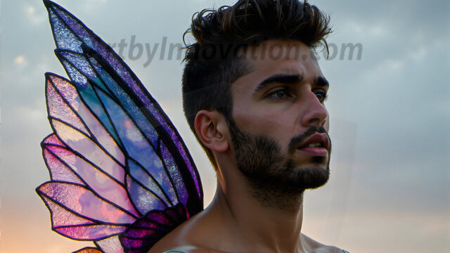 Brought to life through AI, Capturing the Pristine and Elusive Male Fairy. Imagine a realm where handsome shirtless men & boys possess enormous, shimmering crystal wings, vibrant and radiant, capturing and reflecting the light of the environment in a mesmerizing way, and adding a touch of mystery to their intense visage. Outdoors in a fantasy mysterious enchanted realm.