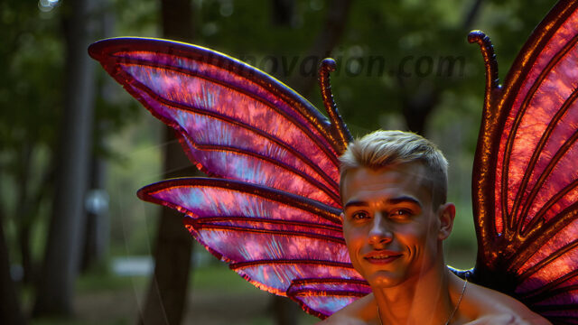 Brought to life through AI, Capturing the Pristine and Elusive Male Fairy. Imagine a realm where handsome shirtless men & boys possess enormous, shimmering crystal wings, vibrant and radiant, capturing and reflecting the light of the environment in a mesmerizing way, and adding a touch of mystery to their intense visage. Outdoors in a fantasy mysterious enchanted realm.