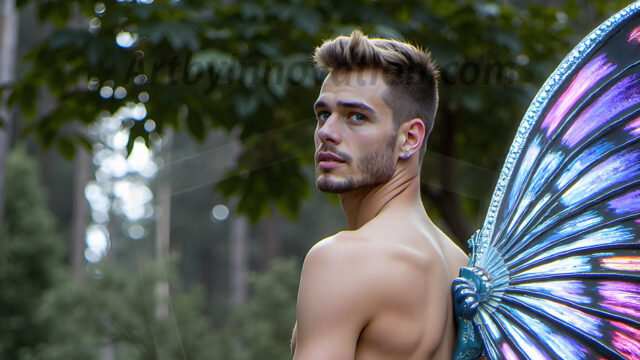 Brought to life through AI, Capturing the Pristine and Elusive Male Fairy. Imagine a realm where handsome shirtless men & boys possess enormous, shimmering crystal wings, vibrant and radiant, capturing and reflecting the light of the environment in a mesmerizing way, and adding a touch of mystery to their intense visage. Outdoors in a fantasy mysterious enchanted realm.