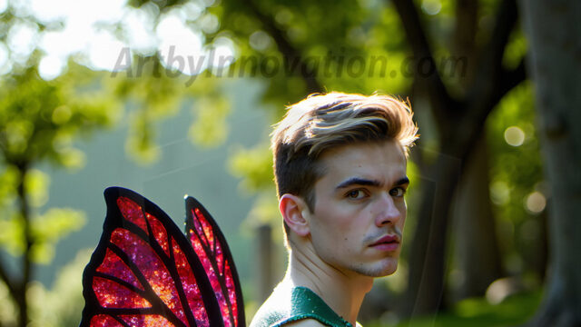 Brought to life through AI, Capturing the Pristine and Elusive Male Fairy. Imagine a realm where handsome shirtless men & boys possess enormous, shimmering crystal wings, vibrant and radiant, capturing and reflecting the light of the environment in a mesmerizing way, and adding a touch of mystery to their intense visage. Outdoors in a fantasy mysterious enchanted realm.