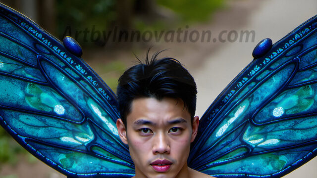 Brought to life through AI, Capturing the Pristine and Elusive Male Fairy. Imagine a realm where handsome shirtless men & boys possess enormous, shimmering crystal wings, vibrant and radiant, capturing and reflecting the light of the environment in a mesmerizing way, and adding a touch of mystery to their intense visage. Outdoors in a fantasy mysterious enchanted realm.