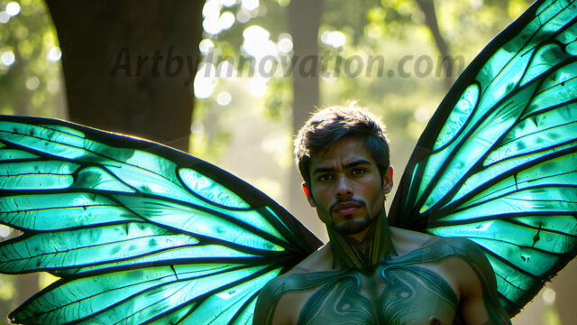 Brought to life through AI, Capturing the Pristine and Elusive Male Fairy. Imagine a realm where handsome shirtless men & boys possess enormous, shimmering crystal wings, vibrant and radiant, capturing and reflecting the light of the environment in a mesmerizing way, and adding a touch of mystery to their intense visage. Outdoors in a fantasy mysterious enchanted realm.