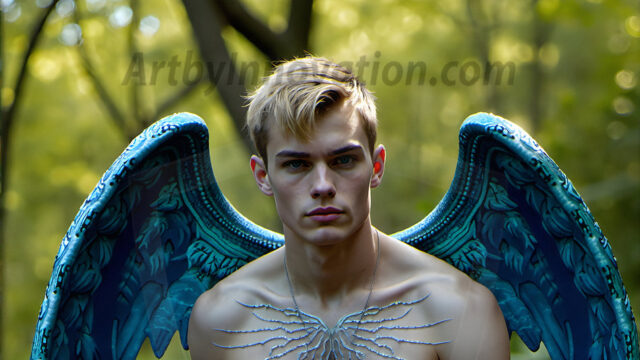 Brought to life through AI, Capturing the Pristine and Elusive Male Fairy. Imagine a realm where handsome shirtless men & boys possess enormous, shimmering crystal wings, vibrant and radiant, capturing and reflecting the light of the environment in a mesmerizing way, and adding a touch of mystery to their intense visage. Outdoors in a fantasy mysterious enchanted realm.