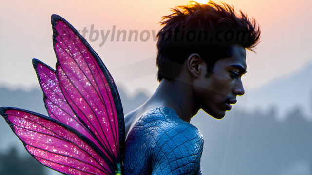 Brought to life through AI, Capturing the Pristine and Elusive Male Fairy. Imagine a realm where handsome shirtless men & boys possess enormous, shimmering crystal wings, vibrant and radiant, capturing and reflecting the light of the environment in a mesmerizing way, and adding a touch of mystery to their intense visage. Outdoors in a fantasy mysterious enchanted realm.