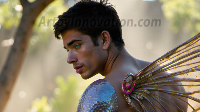 Brought to life through AI, Capturing the Pristine and Elusive Male Fairy. Imagine a realm where handsome shirtless men & boys possess enormous, shimmering crystal wings, vibrant and radiant, capturing and reflecting the light of the environment in a mesmerizing way, and adding a touch of mystery to their intense visage. Outdoors in a fantasy mysterious enchanted realm.