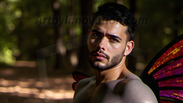 Brought to life through AI, Capturing the Pristine and Elusive Male Fairy. Imagine a realm where handsome shirtless men & boys possess enormous, shimmering crystal wings, vibrant and radiant, capturing and reflecting the light of the environment in a mesmerizing way, and adding a touch of mystery to their intense visage. Outdoors in a fantasy mysterious enchanted realm.