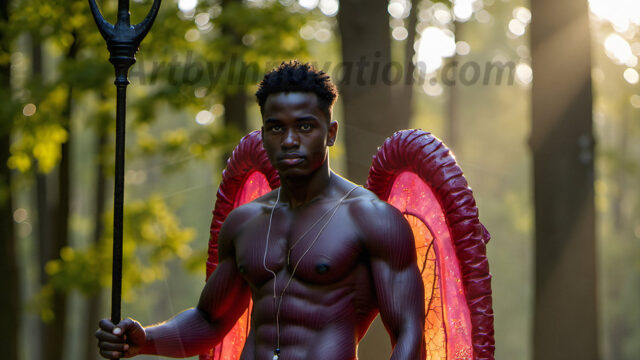Brought to life through AI, Capturing the Pristine and Elusive Male Fairy. Imagine a realm where handsome shirtless men & boys possess enormous, shimmering crystal wings, vibrant and radiant, capturing and reflecting the light of the environment in a mesmerizing way, and adding a touch of mystery to their intense visage. Outdoors in a fantasy mysterious enchanted realm.