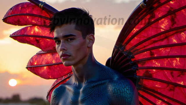 Brought to life through AI, Capturing the Pristine and Elusive Male Fairy. Imagine a realm where handsome shirtless men & boys possess enormous, shimmering crystal wings, vibrant and radiant, capturing and reflecting the light of the environment in a mesmerizing way, and adding a touch of mystery to their intense visage. Outdoors in a fantasy mysterious enchanted realm.