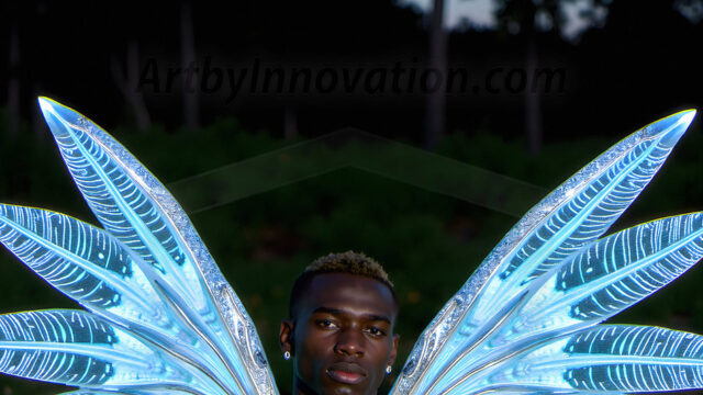 Brought to life through AI, Capturing the Pristine and Elusive Male Fairy. Imagine a realm where handsome shirtless men & boys possess enormous, shimmering crystal wings, vibrant and radiant, capturing and reflecting the light of the environment in a mesmerizing way, and adding a touch of mystery to their intense visage. Outdoors in a fantasy mysterious enchanted realm.