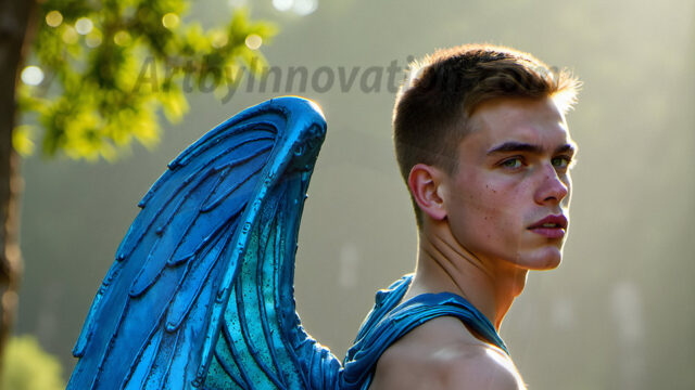 Brought to life through AI, Capturing the Pristine and Elusive Male Fairy. Imagine a realm where handsome shirtless men & boys possess enormous, shimmering crystal wings, vibrant and radiant, capturing and reflecting the light of the environment in a mesmerizing way, and adding a touch of mystery to their intense visage. Outdoors in a fantasy mysterious enchanted realm.