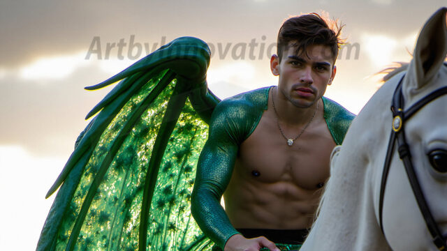 Brought to life through AI, Capturing the Pristine and Elusive Male Fairy. Imagine a realm where handsome shirtless men & boys possess enormous, shimmering crystal wings, vibrant and radiant, capturing and reflecting the light of the environment in a mesmerizing way, and adding a touch of mystery to their intense visage. Outdoors in a fantasy mysterious enchanted realm.