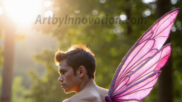 Brought to life through AI, Capturing the Pristine and Elusive Male Fairy. Imagine a realm where handsome shirtless men & boys possess enormous, shimmering crystal wings, vibrant and radiant, capturing and reflecting the light of the environment in a mesmerizing way, and adding a touch of mystery to their intense visage. Outdoors in a fantasy mysterious enchanted realm.