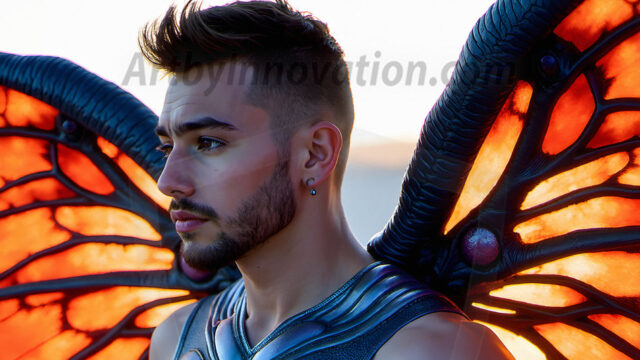 Brought to life through AI, Capturing the Pristine and Elusive Male Fairy. Imagine a realm where handsome shirtless men & boys possess enormous, shimmering crystal wings, vibrant and radiant, capturing and reflecting the light of the environment in a mesmerizing way, and adding a touch of mystery to their intense visage. Outdoors in a fantasy mysterious enchanted realm.