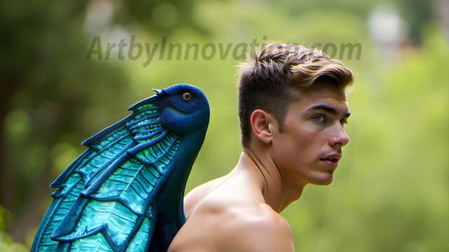 Brought to life through AI, Capturing the Pristine and Elusive Male Fairy. Imagine a realm where handsome shirtless men & boys possess enormous, shimmering crystal wings, vibrant and radiant, capturing and reflecting the light of the environment in a mesmerizing way, and adding a touch of mystery to their intense visage. Outdoors in a fantasy mysterious enchanted realm.