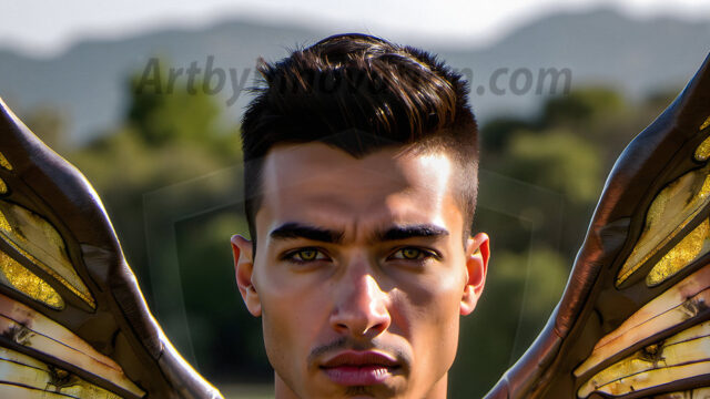 Brought to life through AI, Capturing the Pristine and Elusive Male Fairy. Imagine a realm where handsome shirtless men & boys possess enormous, shimmering crystal wings, vibrant and radiant, capturing and reflecting the light of the environment in a mesmerizing way, and adding a touch of mystery to their intense visage. Outdoors in a fantasy mysterious enchanted realm.