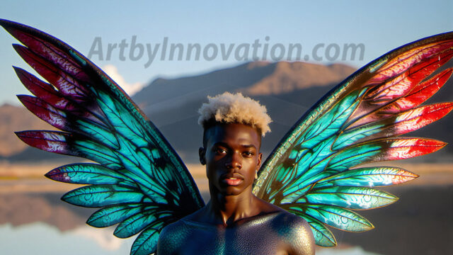 Brought to life through AI, Capturing the Pristine and Elusive Male Fairy. Imagine a realm where handsome shirtless men & boys possess enormous, shimmering crystal wings, vibrant and radiant, capturing and reflecting the light of the environment in a mesmerizing way, and adding a touch of mystery to their intense visage. Outdoors in a fantasy mysterious enchanted realm.