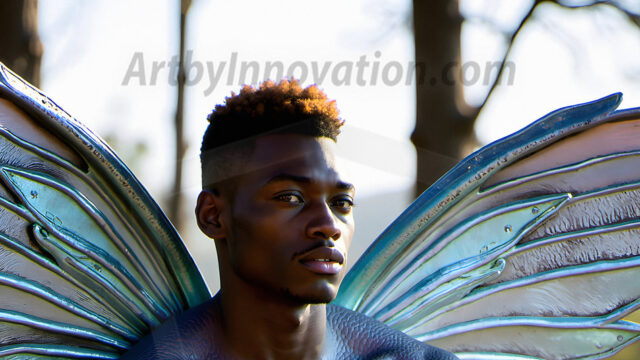 Brought to life through AI, Capturing the Pristine and Elusive Male Fairy. Imagine a realm where handsome shirtless men & boys possess enormous, shimmering crystal wings, vibrant and radiant, capturing and reflecting the light of the environment in a mesmerizing way, and adding a touch of mystery to their intense visage. Outdoors in a fantasy mysterious enchanted realm.