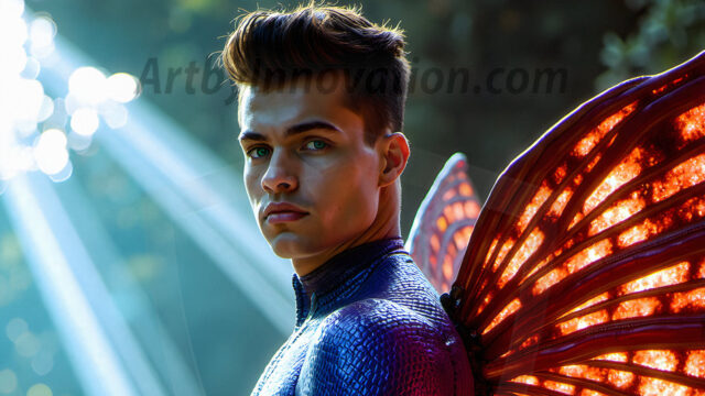 Brought to life through AI, Capturing the Pristine and Elusive Male Fairy. Imagine a realm where handsome shirtless men & boys possess enormous, shimmering crystal wings, vibrant and radiant, capturing and reflecting the light of the environment in a mesmerizing way, and adding a touch of mystery to their intense visage. Outdoors in a fantasy mysterious enchanted realm.