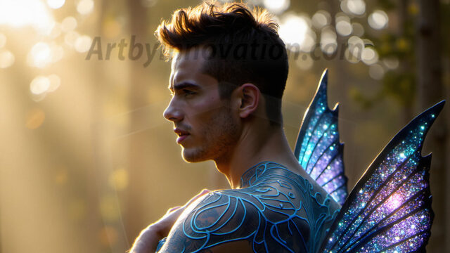 Brought to life through AI, Capturing the Pristine and Elusive Male Fairy. Imagine a realm where handsome shirtless men & boys possess enormous, shimmering crystal wings, vibrant and radiant, capturing and reflecting the light of the environment in a mesmerizing way, and adding a touch of mystery to their intense visage. Outdoors in a fantasy mysterious enchanted realm.