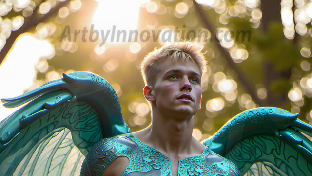 Brought to life through AI, Capturing the Pristine and Elusive Male Fairy. Imagine a realm where handsome shirtless men & boys possess enormous, shimmering crystal wings, vibrant and radiant, capturing and reflecting the light of the environment in a mesmerizing way, and adding a touch of mystery to their intense visage. Outdoors in a fantasy mysterious enchanted realm.