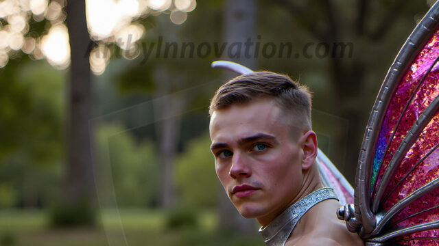 Brought to life through AI, Capturing the Pristine and Elusive Male Fairy. Imagine a realm where handsome shirtless men & boys possess enormous, shimmering crystal wings, vibrant and radiant, capturing and reflecting the light of the environment in a mesmerizing way, and adding a touch of mystery to their intense visage. Outdoors in a fantasy mysterious enchanted realm.