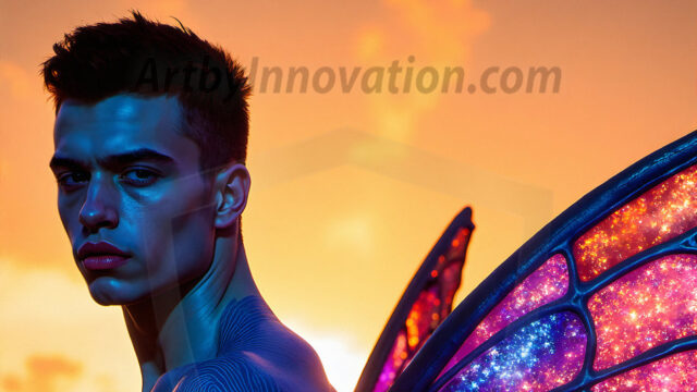 Brought to life through AI, Capturing the Pristine and Elusive Male Fairy. Imagine a realm where handsome shirtless men & boys possess enormous, shimmering crystal wings, vibrant and radiant, capturing and reflecting the light of the environment in a mesmerizing way, and adding a touch of mystery to their intense visage. Outdoors in a fantasy mysterious enchanted realm.