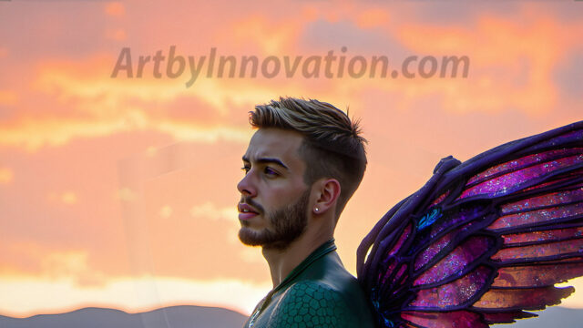 Brought to life through AI, Capturing the Pristine and Elusive Male Fairy. Imagine a realm where handsome shirtless men & boys possess enormous, shimmering crystal wings, vibrant and radiant, capturing and reflecting the light of the environment in a mesmerizing way, and adding a touch of mystery to their intense visage. Outdoors in a fantasy mysterious enchanted realm.